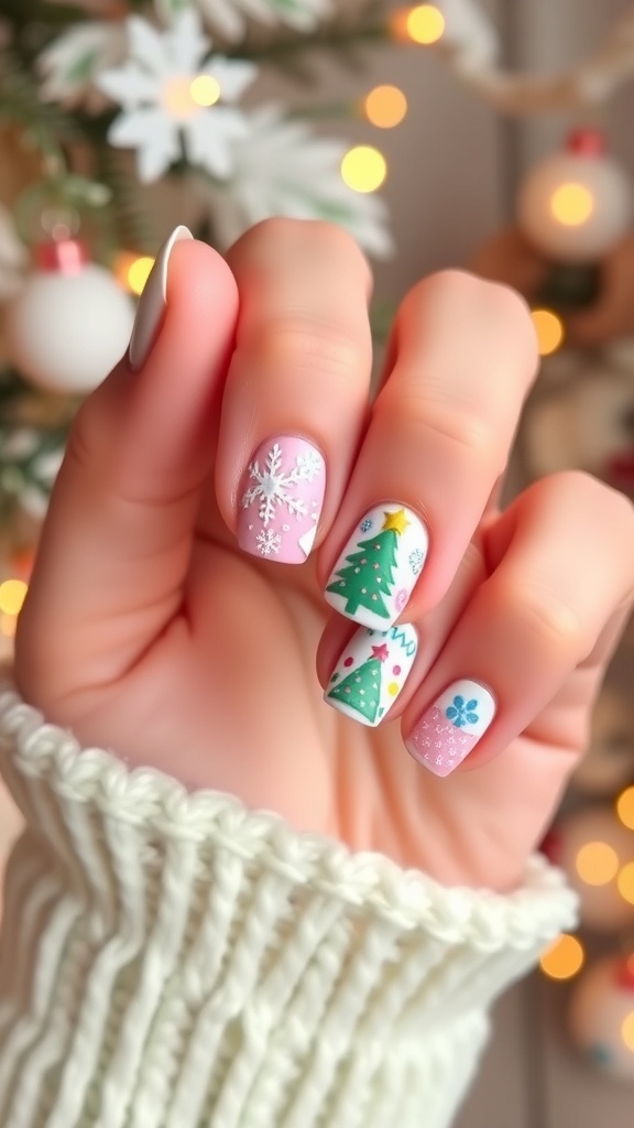 Pastel Christmas nail art with snowflakes, trees, and ornaments on a manicured hand.